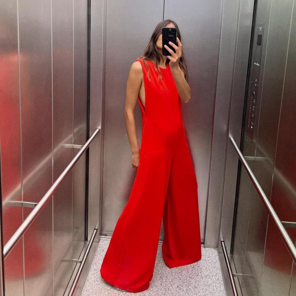Zara Bold Red Wide-Leg Sleeveless Jumpsuit